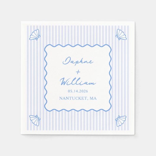 Serviette En Papier Coastal Chic Shell & Stripes Mariage personnalisé (Devant)