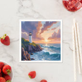Serviette En Papier Coastal Lighthouse Sunset | Beach Ocean Painting (En situation)