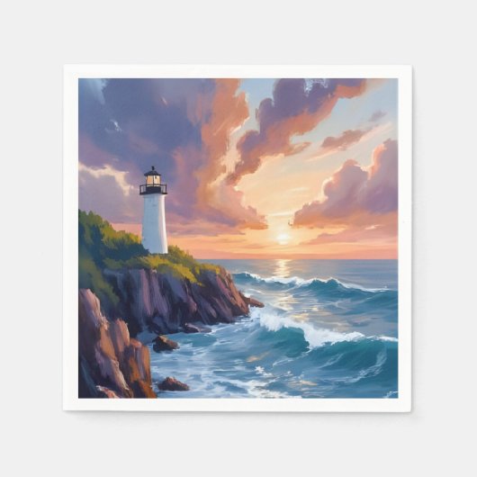 Serviette En Papier Coastal Lighthouse Sunset | Beach Ocean Painting (Devant)