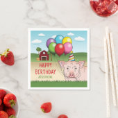 Serviette En Papier Cochon dans une ferme tenant des ballons Anniversa (En situation)