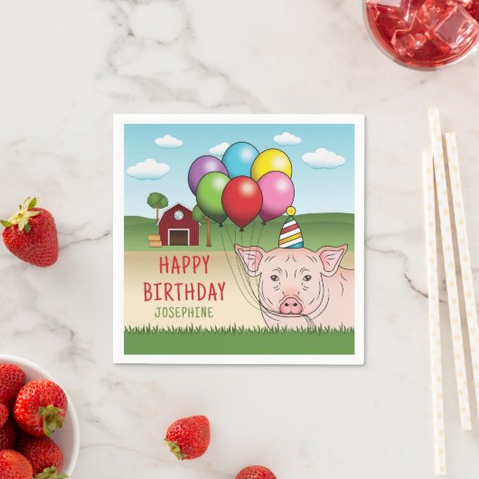 Serviette En Papier Cochon dans une ferme tenant des ballons Anniversa (En situation)
