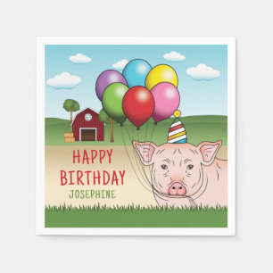 Serviette En Papier Cochon dans une ferme tenant des ballons Anniversa