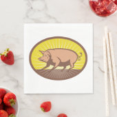 Serviette En Papier Cochon de ferme rétro avec Sunburst (En situation)