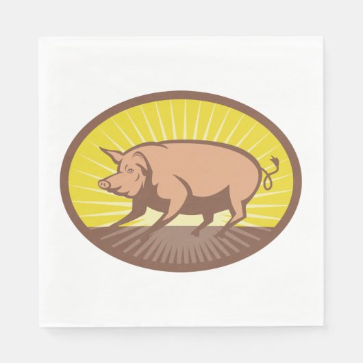 Serviette En Papier Cochon de ferme rétro avec Sunburst (Devant)