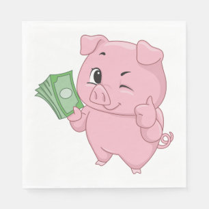 Serviette En Papier Cochon Rose Tenant de l'Argent Comptant Faisant un