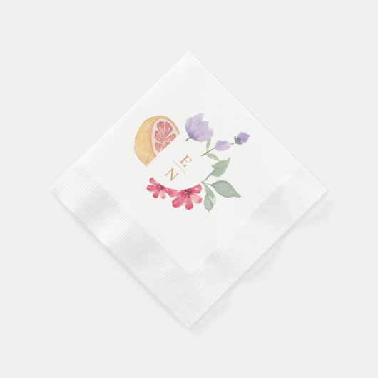 Serviette En Papier Cocktail Aquarelle Citrus Mariage Floral Monogramm (Coin)