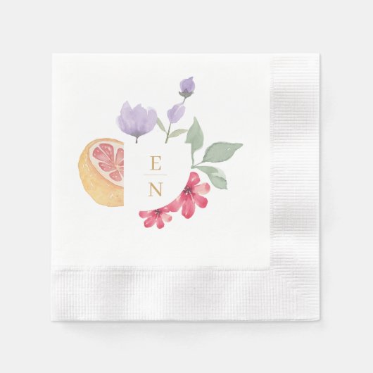 Serviette En Papier Cocktail Aquarelle Citrus Mariage Floral Monogramm (Devant)