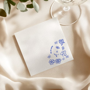 Serviette En Papier Cocktail de mariage floral personnalisé bleu dessi