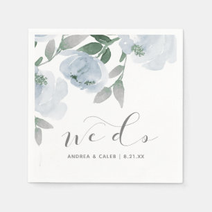 Serviette En Papier Cocktail de mariage gris bleu poudré floral aquare