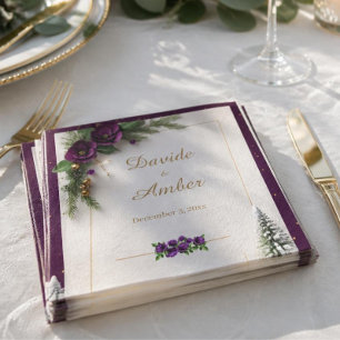 Serviette En Papier Cocktail élégant de mariage d'hiver violet et or