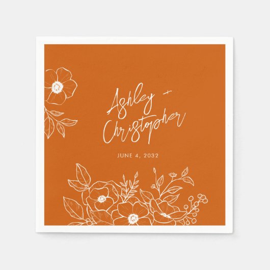 Serviette En Papier Cocktail Mariage orange végétal minimal (Devant)