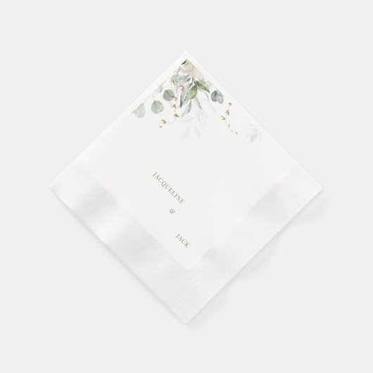 Serviette En Papier Cocktail Mariage personnalisé Eucalyptus blanc (Coin)