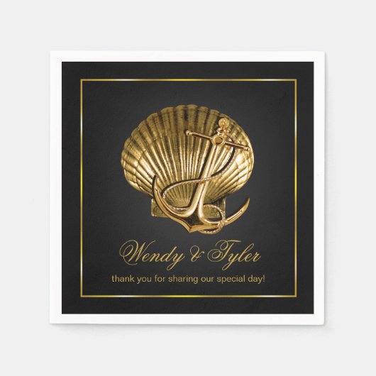 Serviette En Papier Cocktail Nautique de coquillages ancrés | noir et (Devant)
