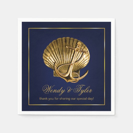 Serviette En Papier Cocktail Nautique Seashell ancré | marine (Devant)