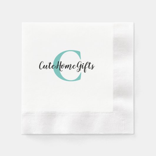 Serviette En Papier Cocktail Teal Bleu Noir Monogramme Nom (Devant)