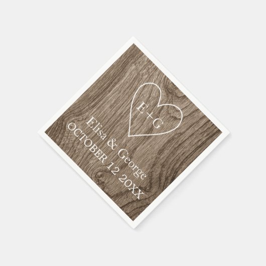 Serviette En Papier Coeur avec initiales bois grain mariage rustique (Coin)