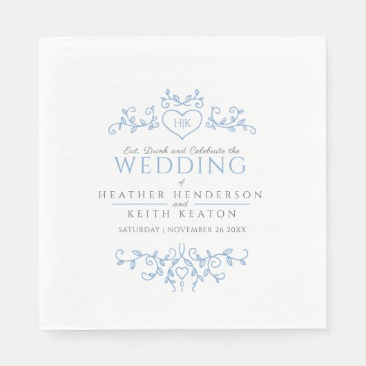 Serviette En Papier Coeur d'art feuille monogramme bleu blanc mariage (Devant)