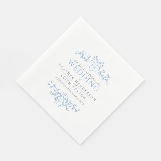 Serviette En Papier Coeur d'art feuille monogramme bleu blanc mariage (Coin)