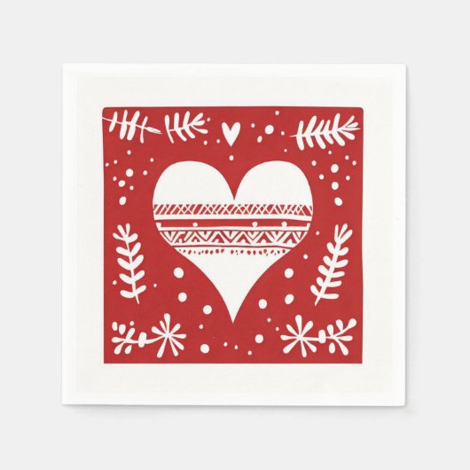 Serviette En Papier Coeur de Noël nordique rouge et blanc (Devant)