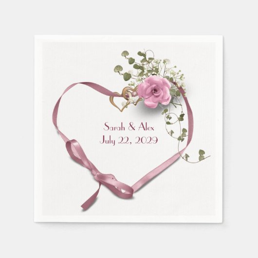Serviette En Papier Coeur de ruban rose avec Rose (Devant)
