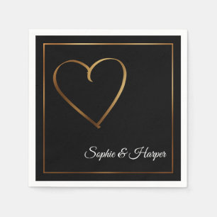 Serviette En Papier Coeur d'or et bordure avec des noms sur noir