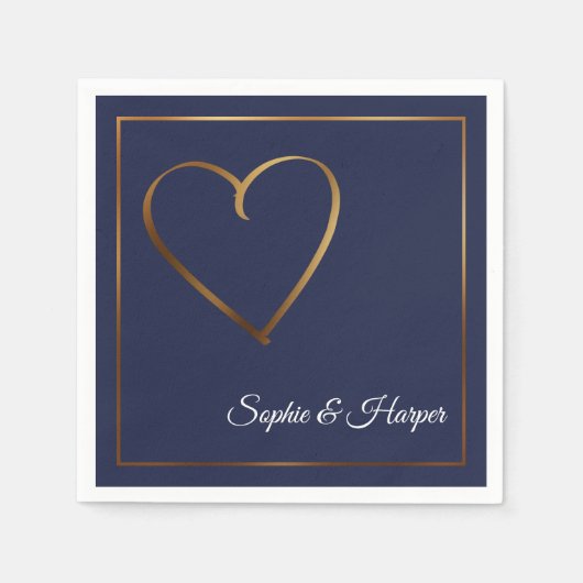 Serviette En Papier Coeur d'or et frontière avec des noms sur bleu mar (Devant)