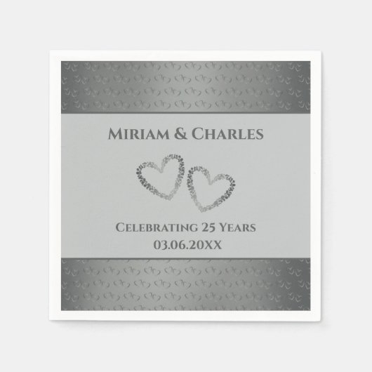 Serviette En Papier Coeur élégant personnalisé Argent 25e anniversaire (Devant)