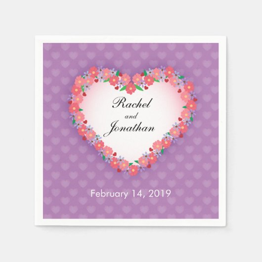 Serviette En Papier Coeur floral sur le mariage mauve-clair et (Devant)