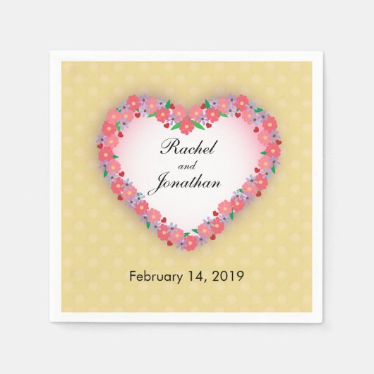 Serviette En Papier Coeur floral sur or, Personnaliser le Mariage (Devant)