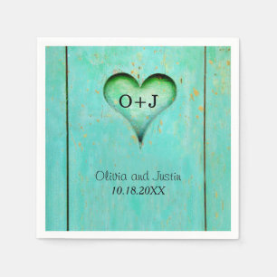 Serviette En Papier Cœur Monogrammé en Bois Rustique Turquoise