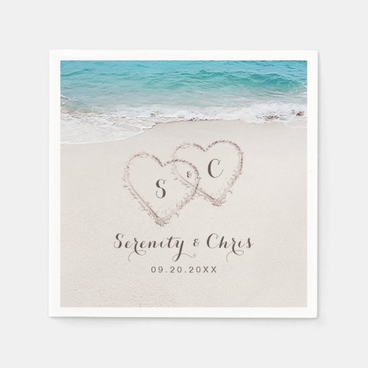 Serviette En Papier Coeurs dans le sable destination mariage plage (Devant)