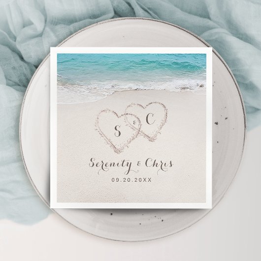 Serviette En Papier Coeurs dans le sable destination mariage plage