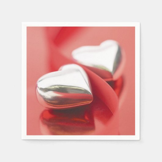 Serviette En Papier Coeurs d'argent Rubans rouges serviettes (Devant)