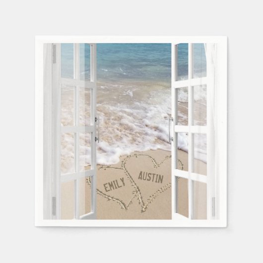 Serviette En Papier Coeurs de mariage de plage dans une fenêtre ouvert (Devant)