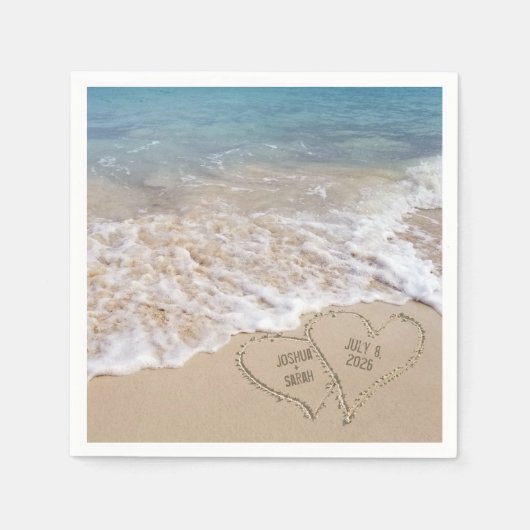 Serviette En Papier Coeurs de plage mariages avec des noms (Devant)