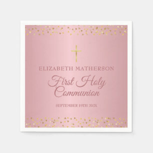 Serviette En Papier Coeurs d'or du premier Rose de communion