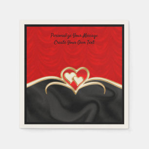 Serviette En Papier Coeurs d'or noir rouge élégant et romantique
