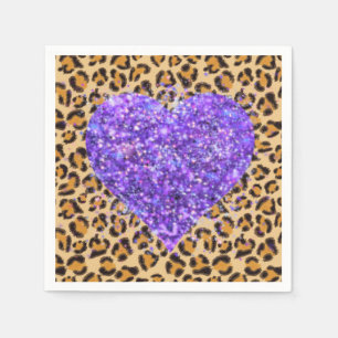 Serviette En Papier Coeurs et Empreintes de léopard violets pétillants