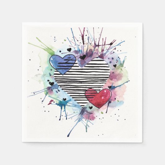 Serviette En Papier Coeurs Et Lavages Dans L'Aquarelle (Devant)