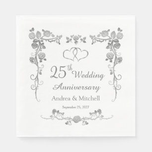 Serviette En Papier Coeurs floraux argentés 25e anniversaire Mariage