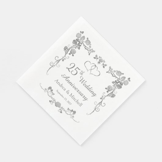 Serviette En Papier Coeurs floraux argentés 25e anniversaire Mariage (Coin)