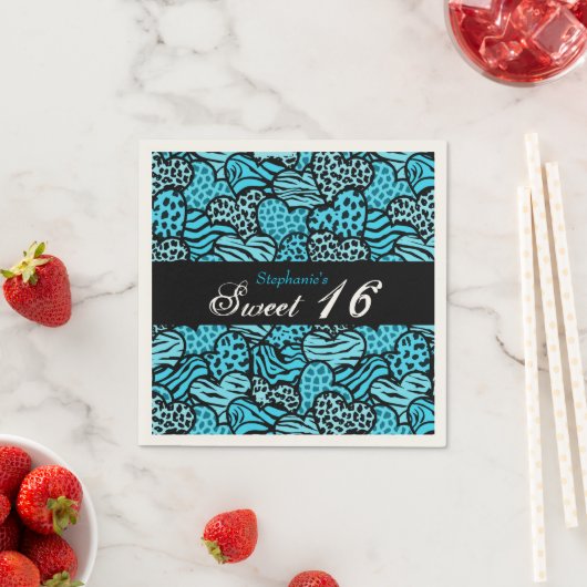 Serviette En Papier Coeurs motifs d'animaux bleus Sweet 16 Napkin (En situation)