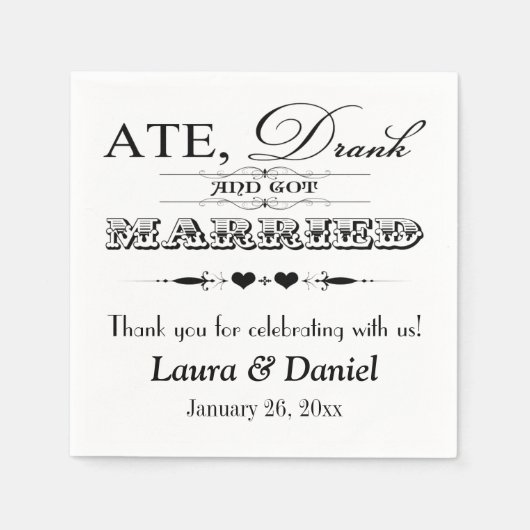 Serviette En Papier Coeurs noir et blanc, Scrolls Mariage serviettes (Devant)