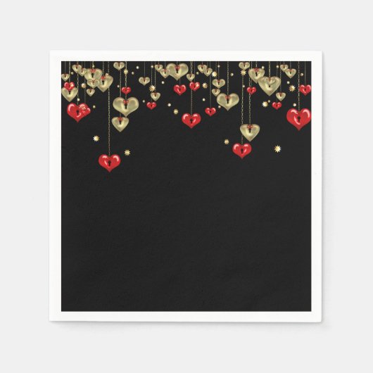Serviette En Papier Coeurs or et rouge sur arrière - plan noir (Devant)