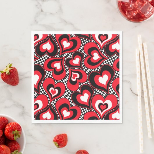 Serviette En Papier Coeurs, rouge, noir, blanc, Saint Valentin. (En situation)