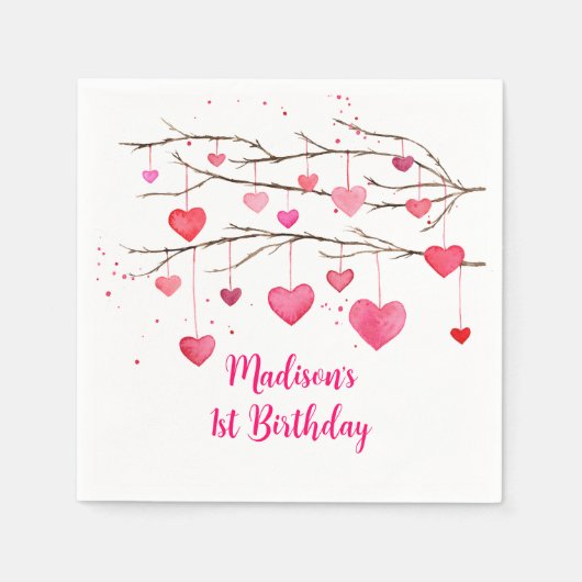 Serviette En Papier Coeurs rouges roses Chérie Anniversaire (Devant)