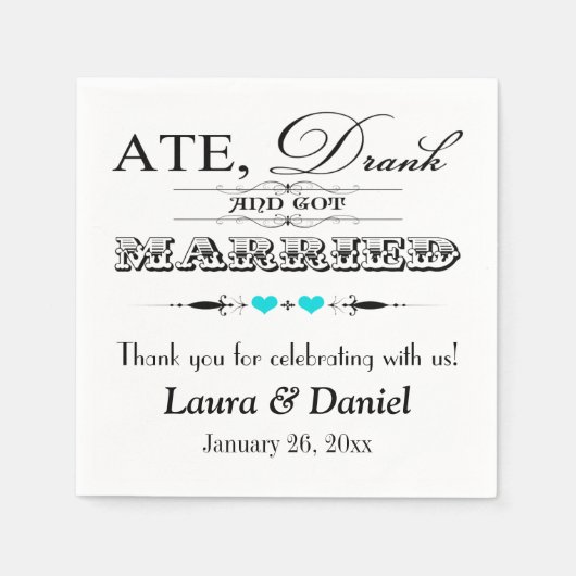 Serviette En Papier Coeurs Turquoise, Poupées Mariages serviettes (Devant)