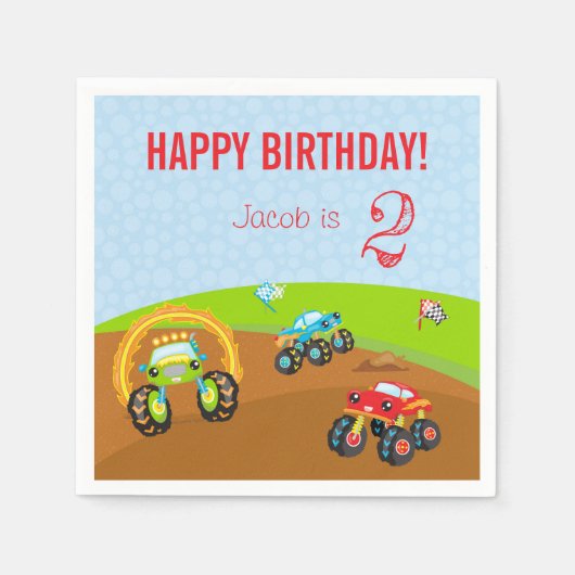 Serviette En Papier Colful Birthday Boy Monster Trucks with Age (Devant)