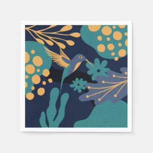 Serviette En Papier Colibri d'or vintage, bleu et turquoise
