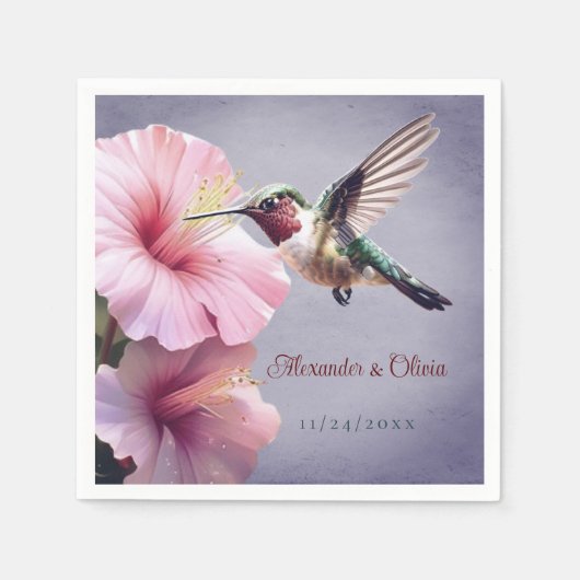 Serviette En Papier Colibri et Mariage d'Hibiscus | Pourpre (Devant)